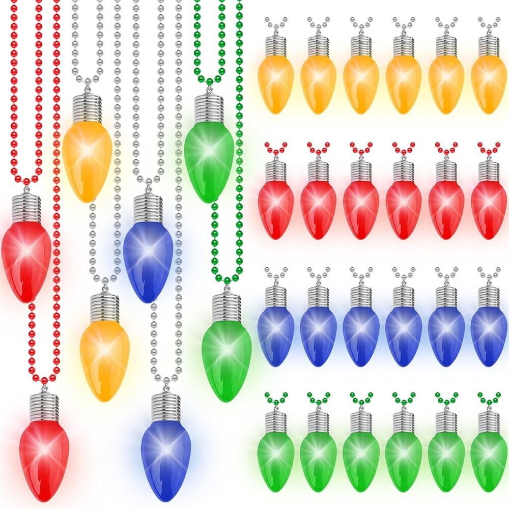 24PCS Light up Christmas Necklace, 3 Light Modes Bulbs Bead Chain Design, Colorf